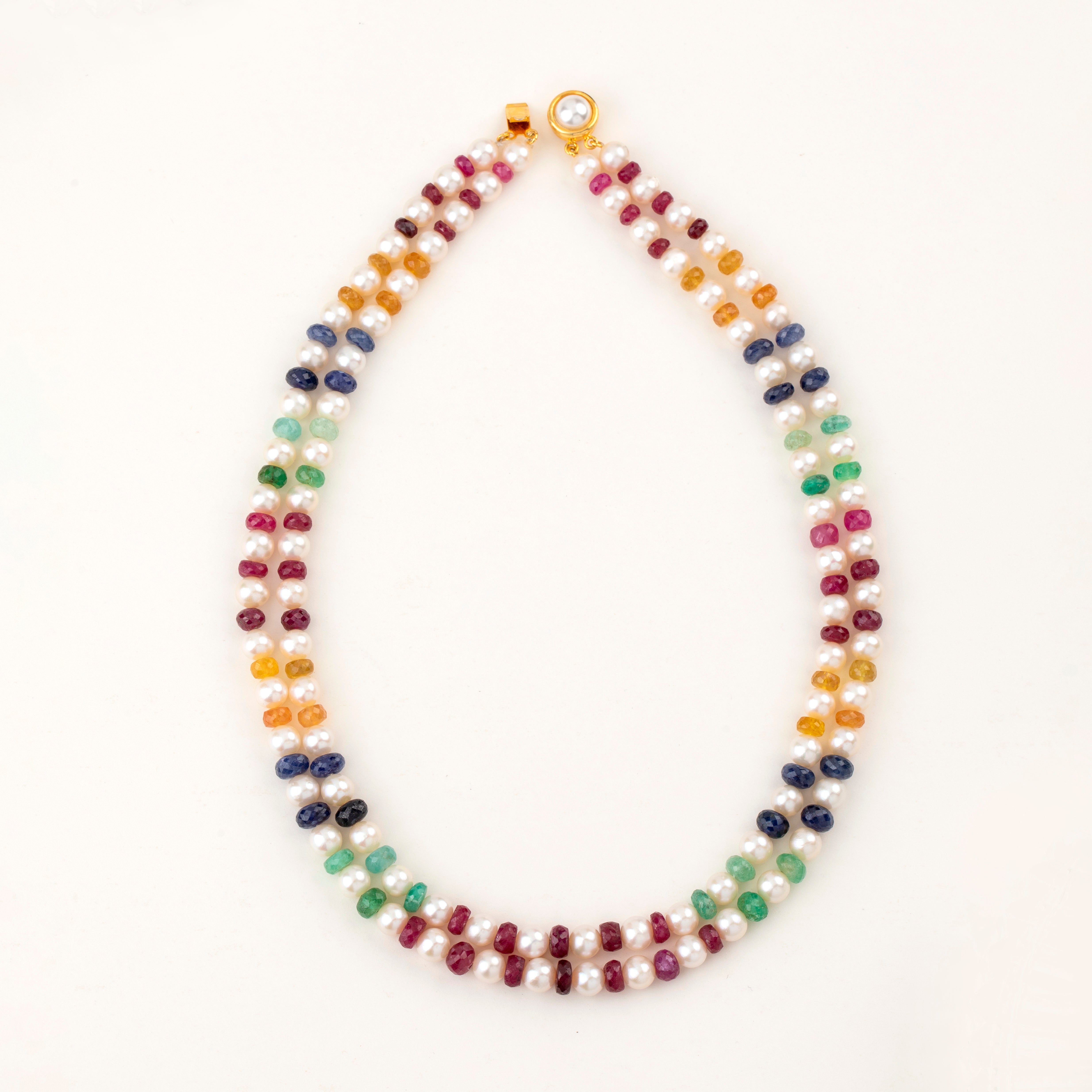 Multicolour Sapphire and Freshwater Pearl Two-Line Necklace