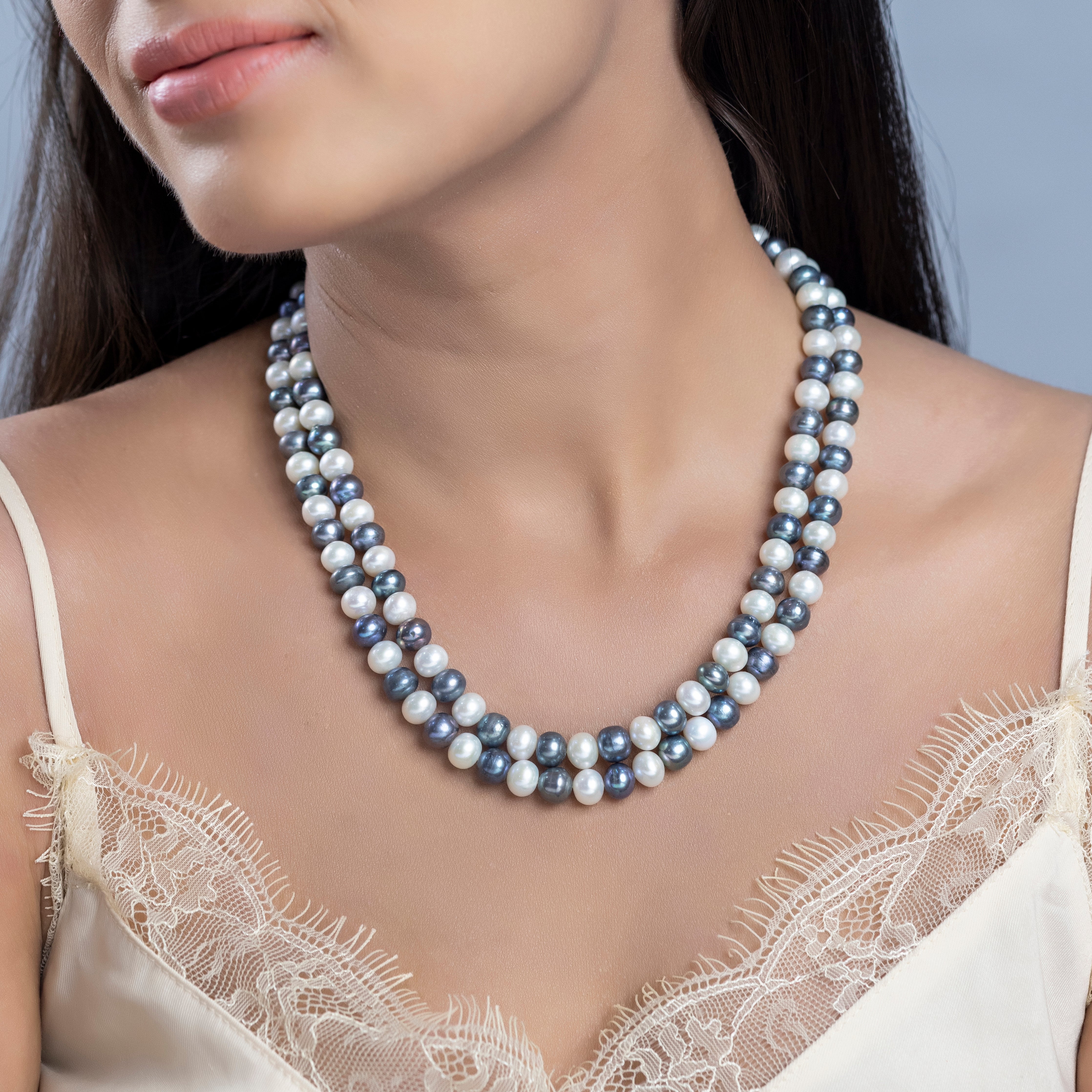 Freshwater Blue and White Lust 2-Line Pearl Necklace