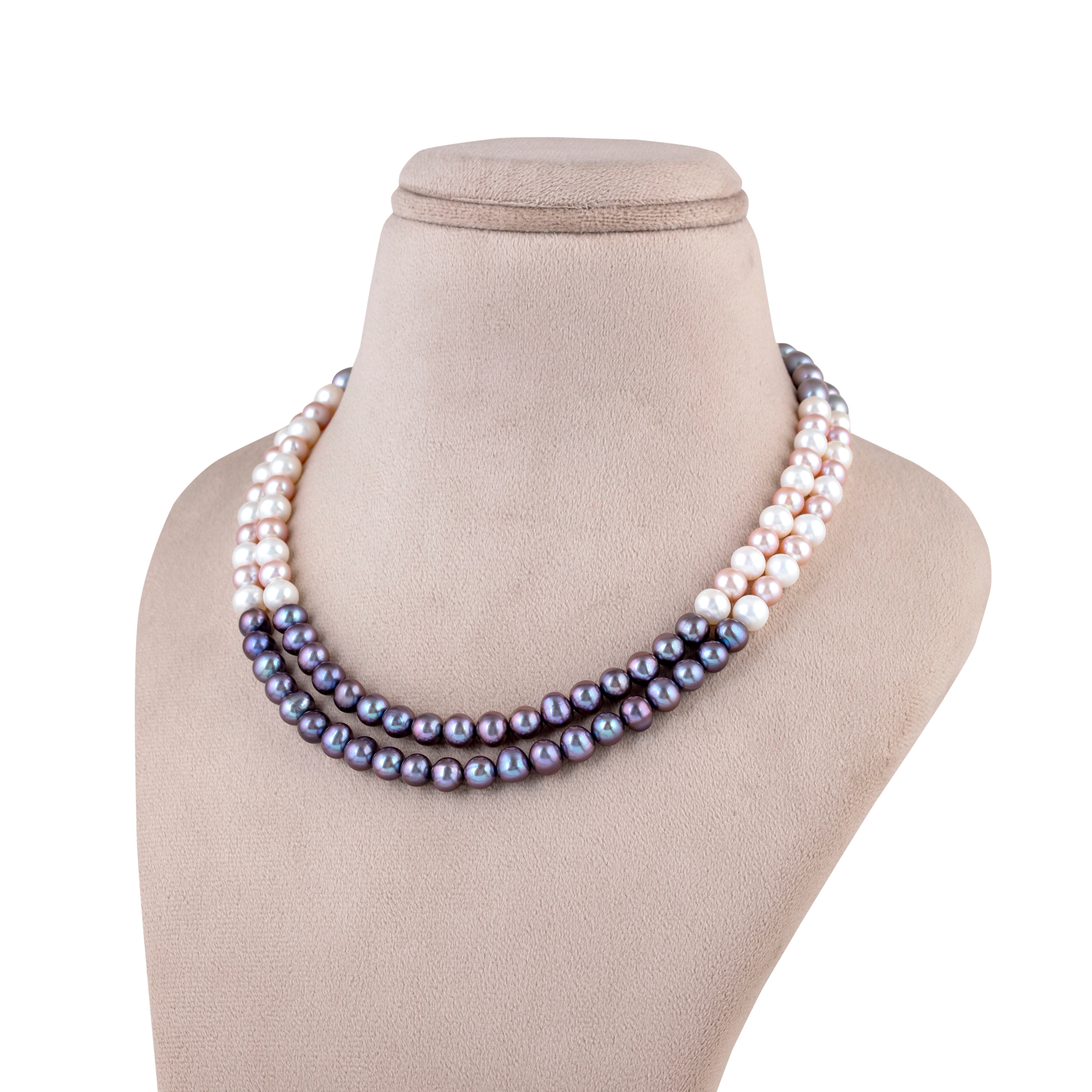 Multi-Hued Elegance Mixed 2-Line Freshwater Pearl Necklace