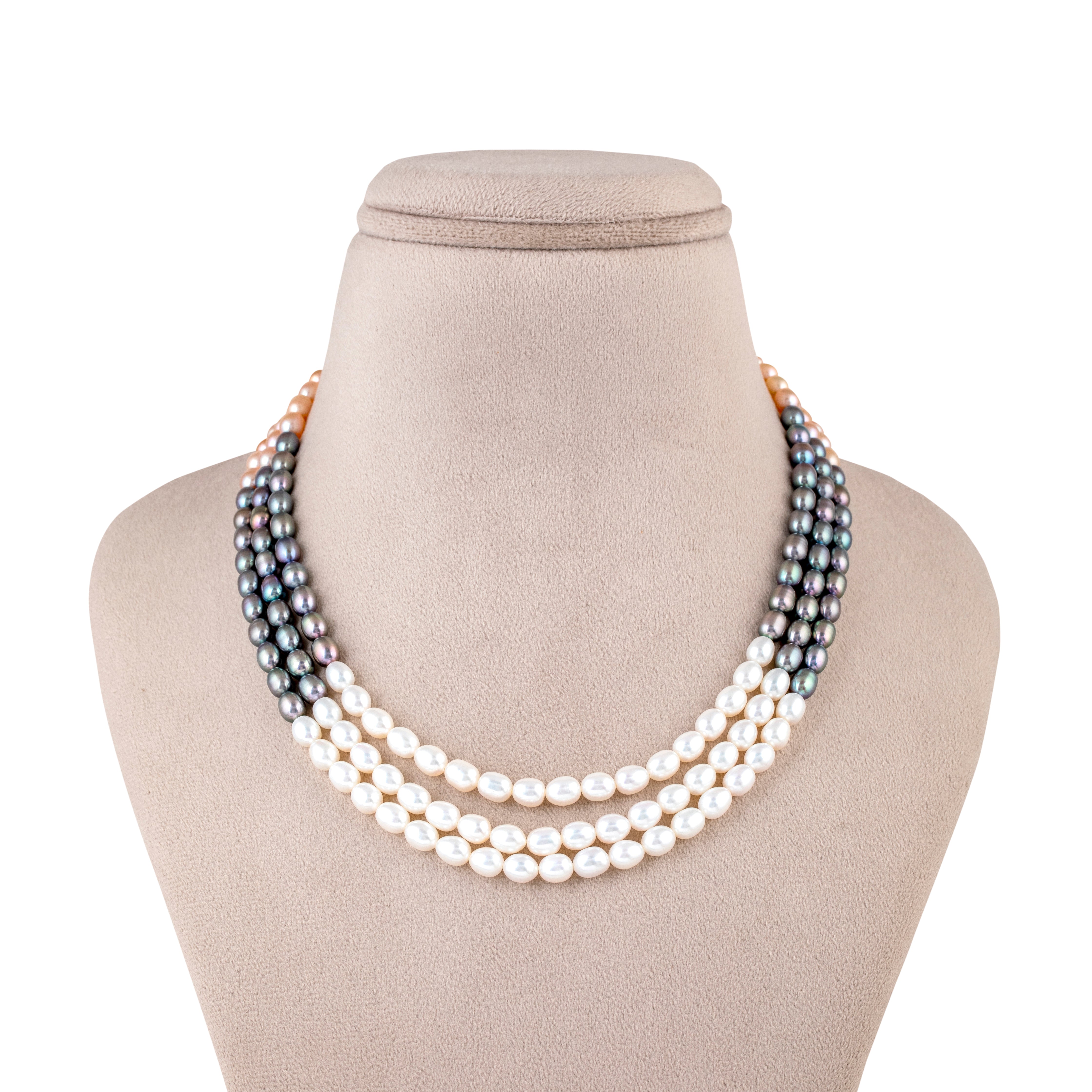 Monochrome Chic Oval 3-Line Freshwater Pearl Necklace