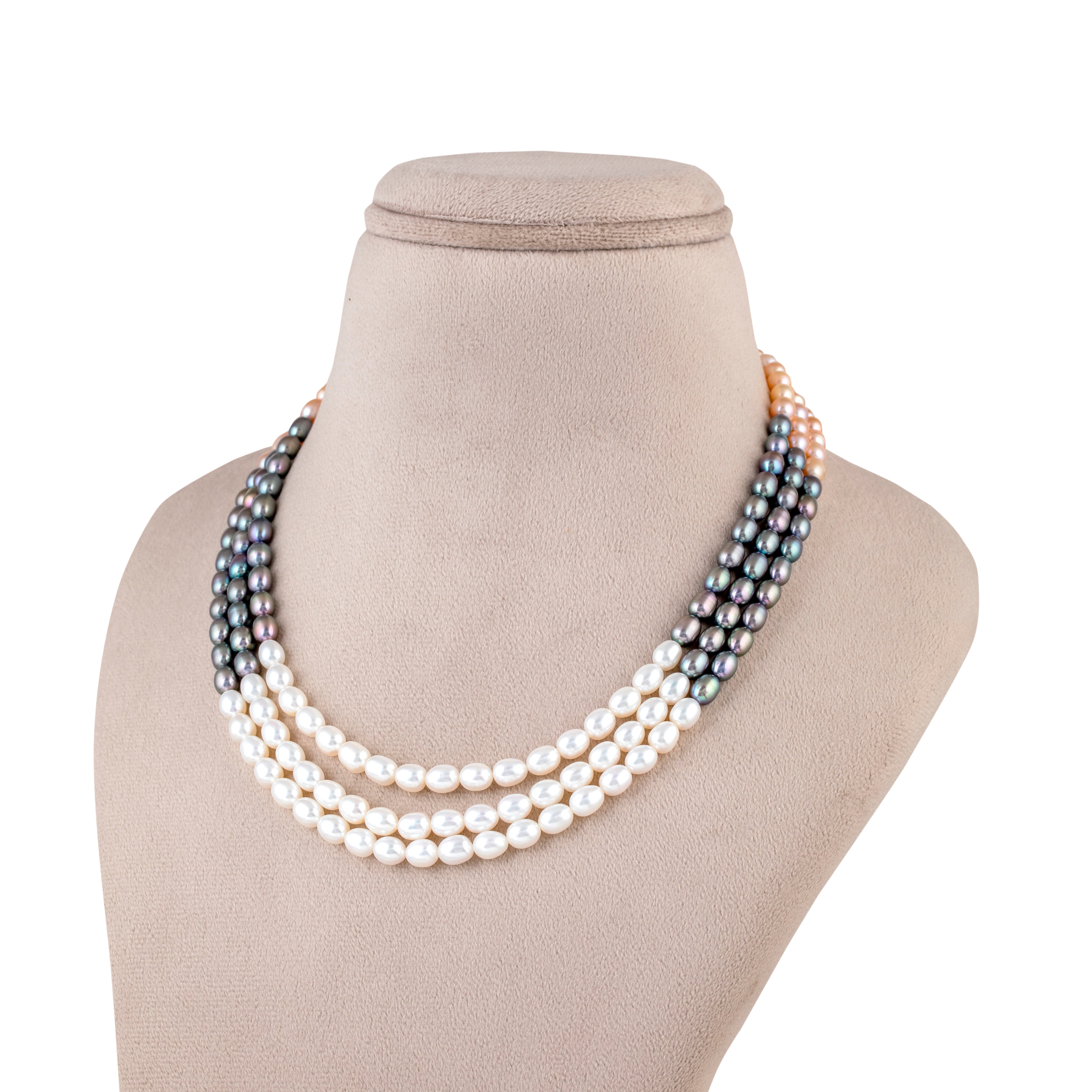 Monochrome Chic Oval 3-Line Freshwater Pearl Necklace