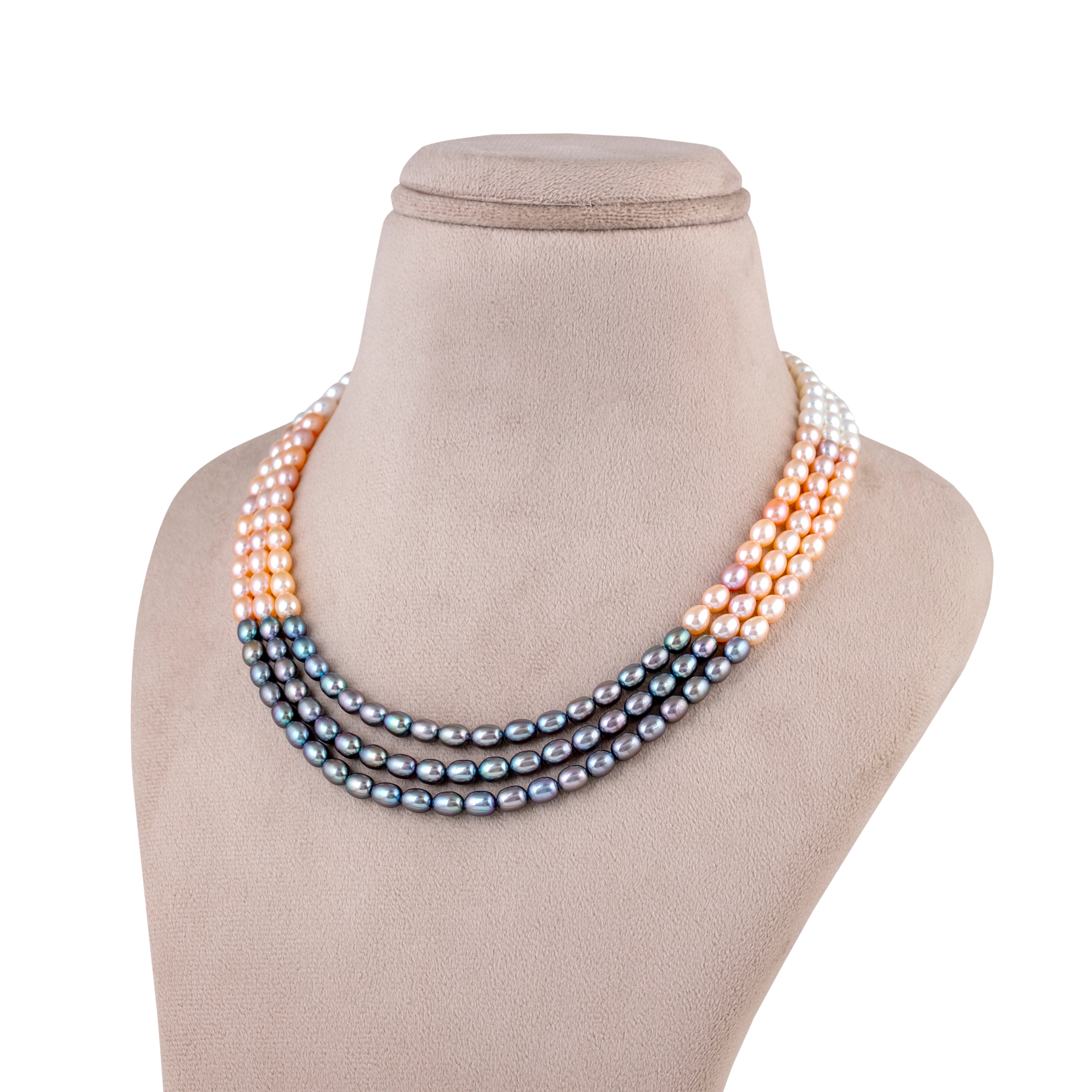 Tricolor Elegance Triple-Line Freshwater Necklace