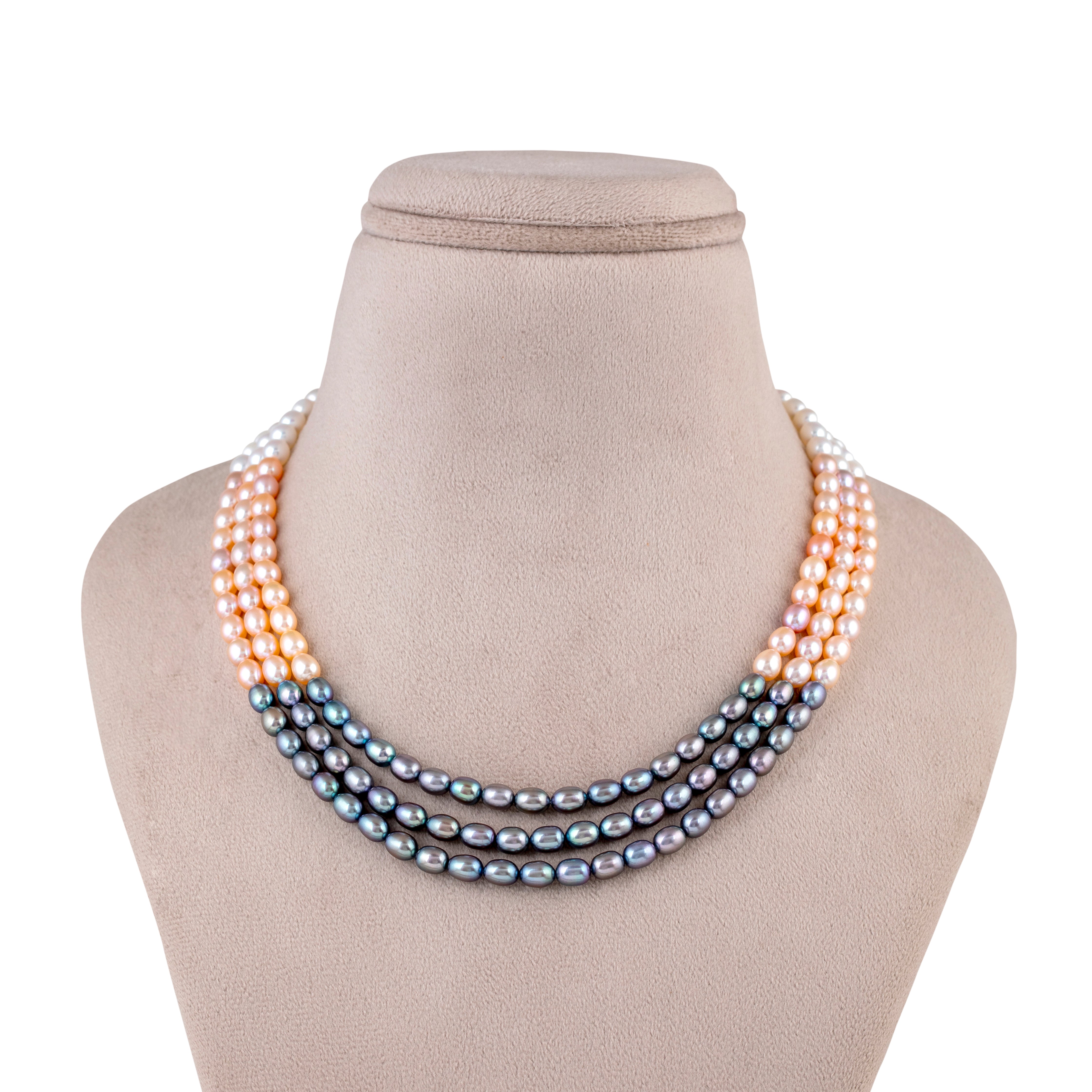 Tricolor Elegance Triple-Line Freshwater Necklace