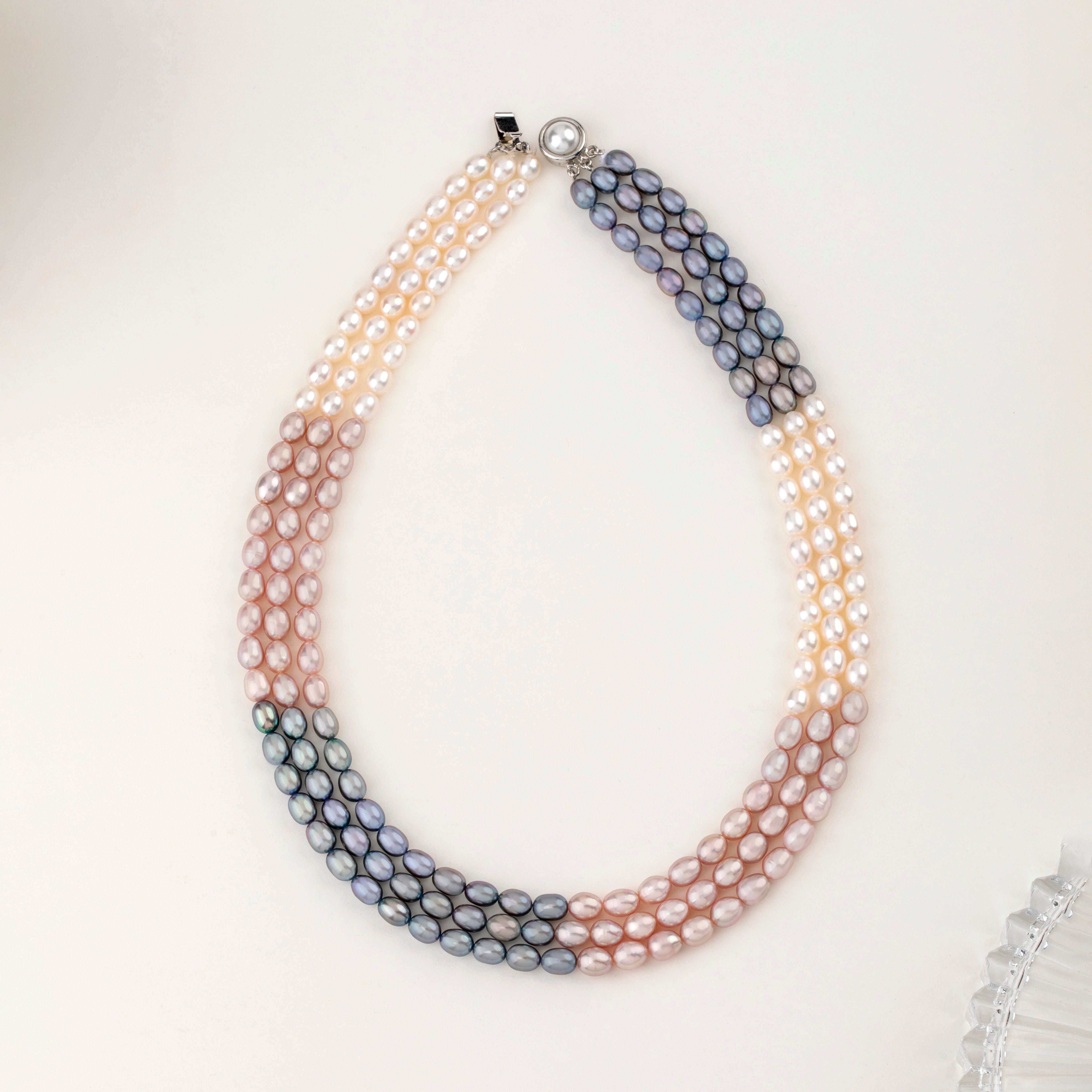 Tricolor Oval Triple Strand Freshwater Necklace