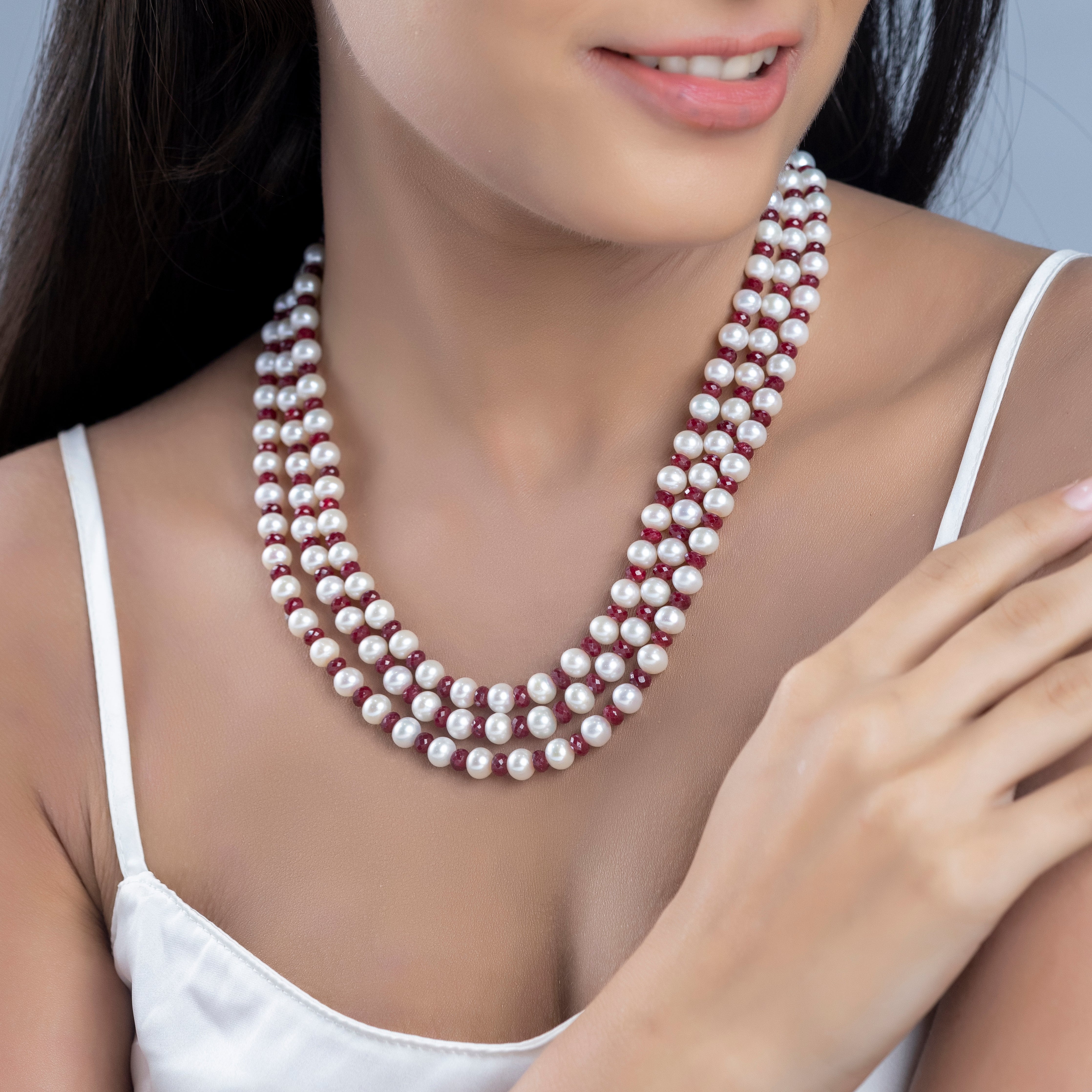 Ruby Cascade Triple Row Freshwater Necklace