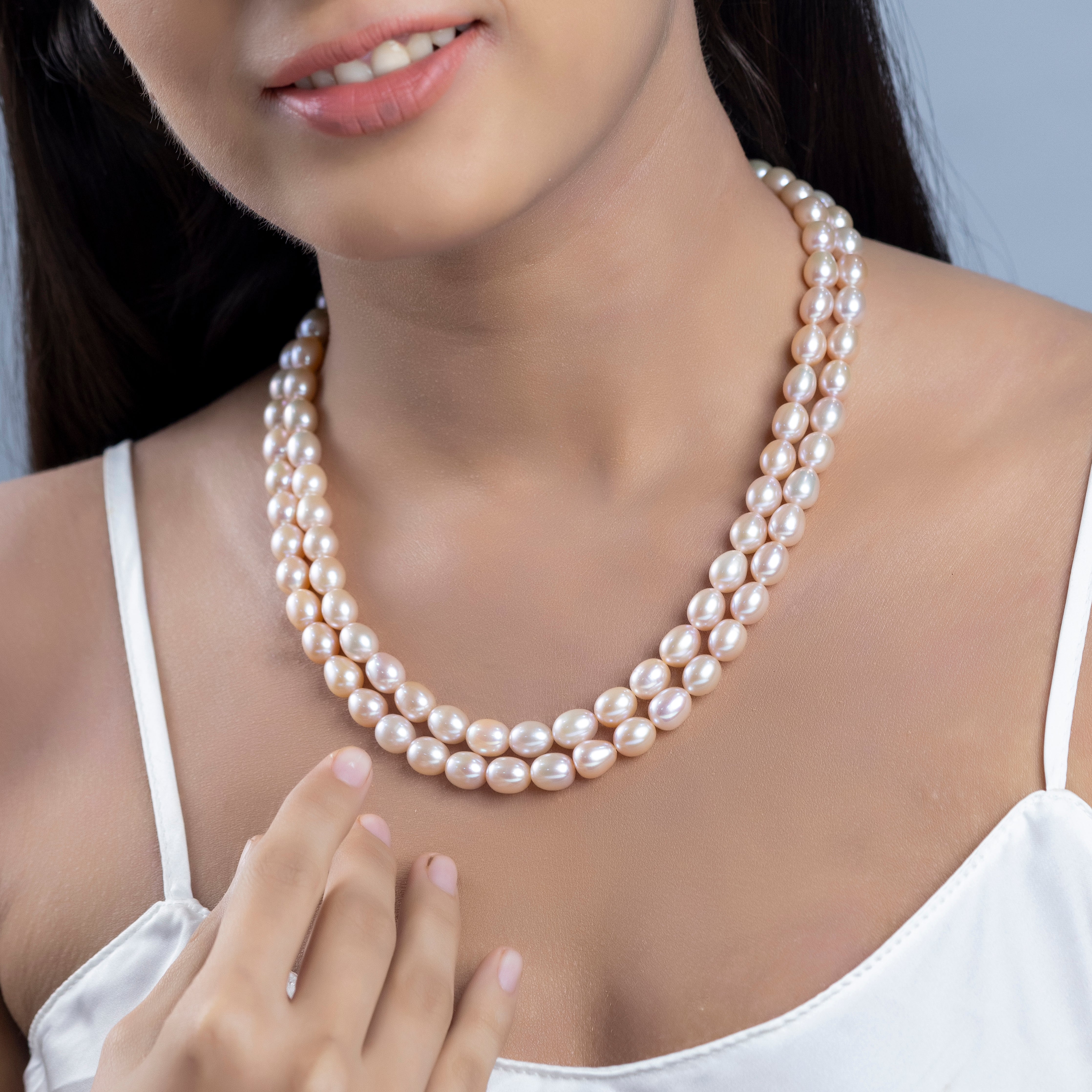 Freshwater Oval & Pink 2-line Pearl Necklace