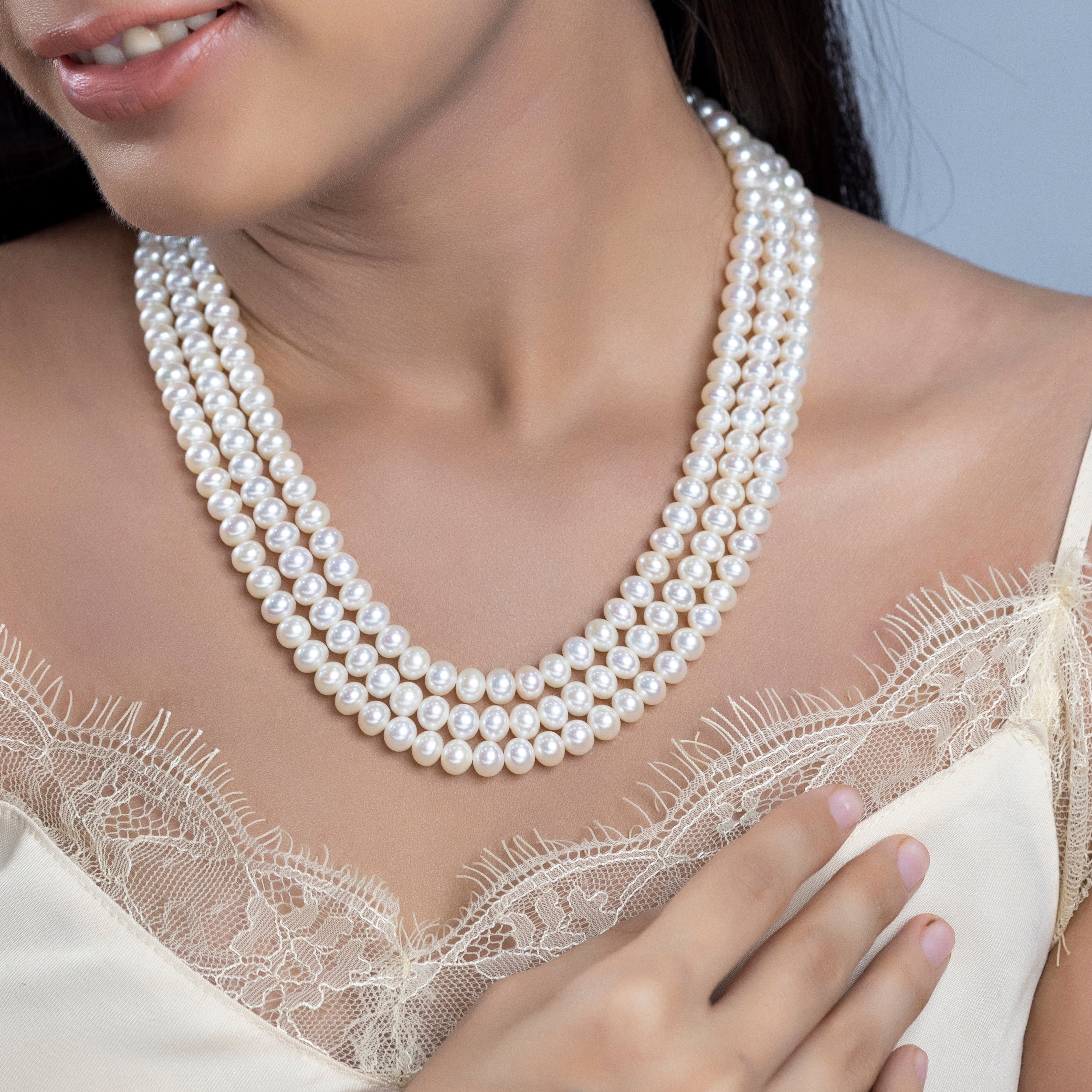 Freshwater Small White 3-Line Pearl Necklace