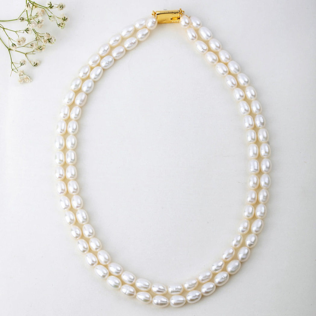Freshwater Small White Oval 2-Line Pearl Necklace