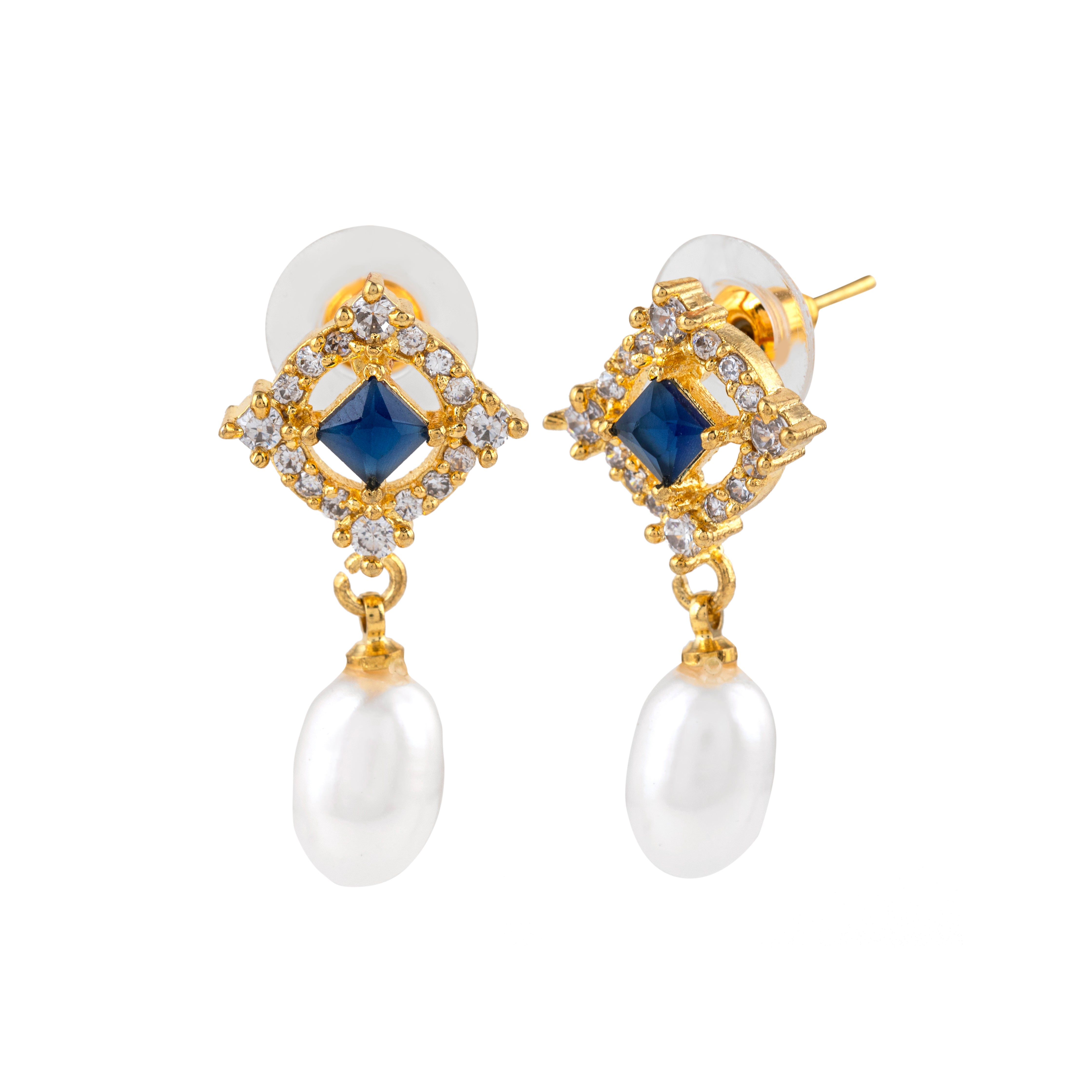 Azure Square Pearl Drops | Sapphire Gemstone Earrings