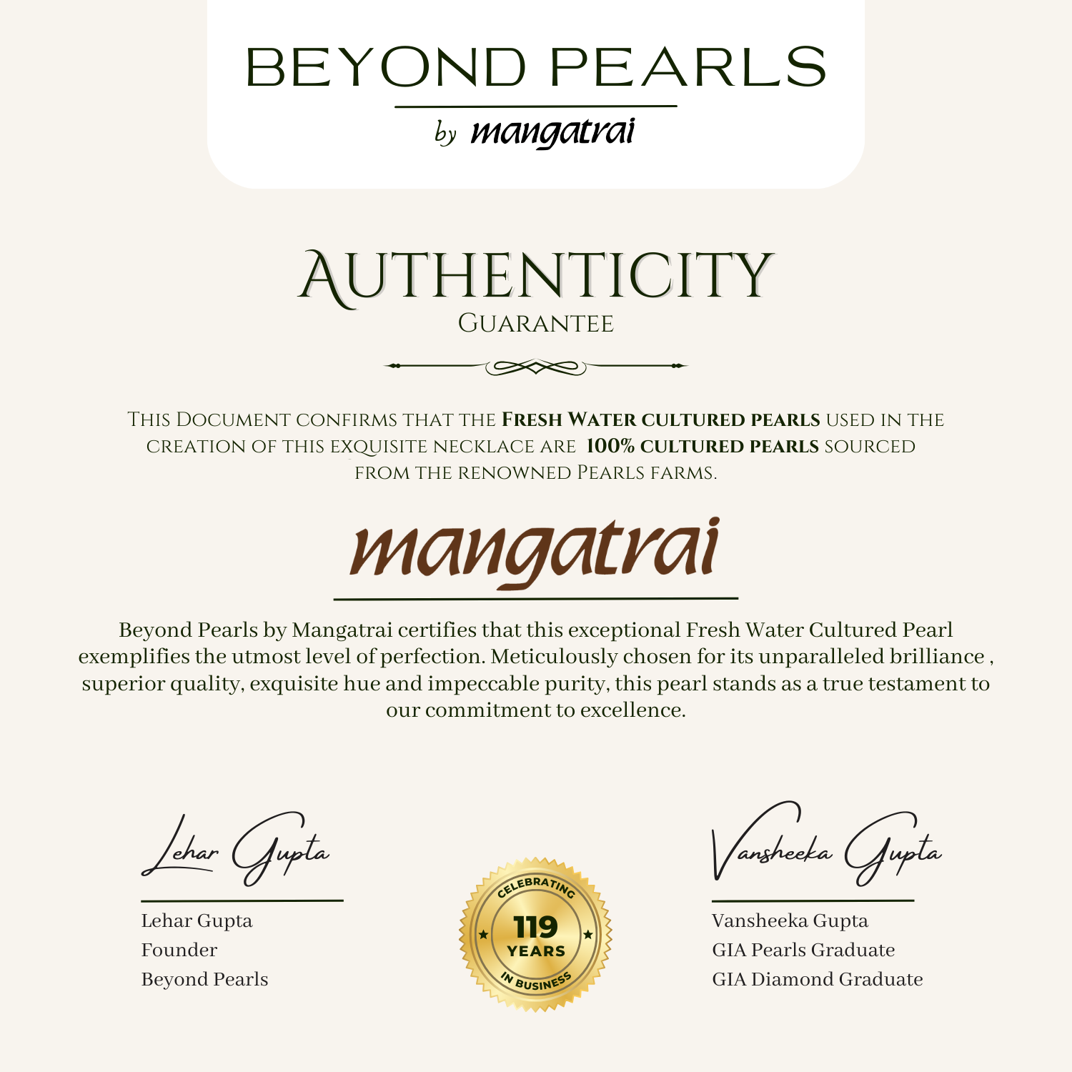 Authenticity Guarantee Pearl Certificate