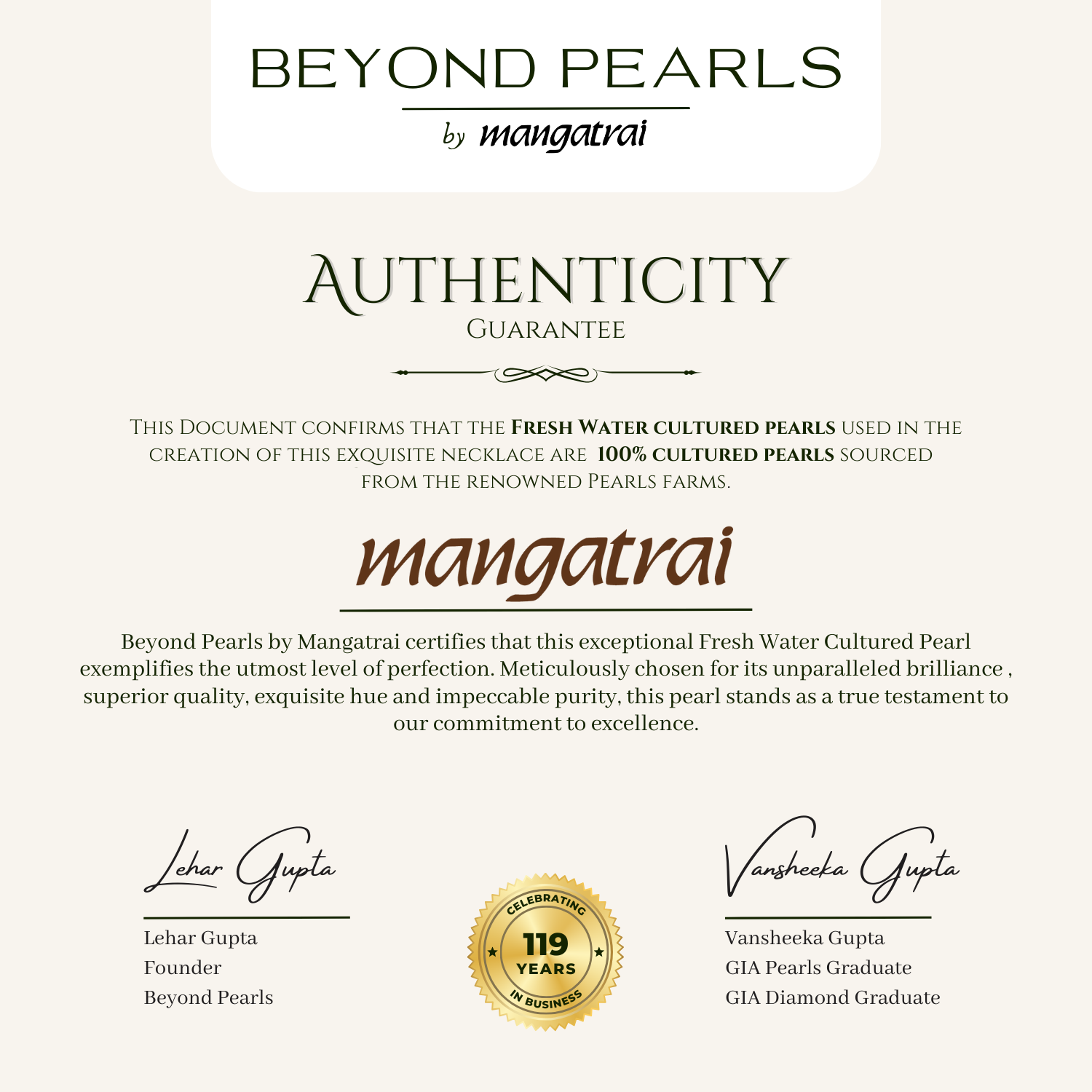 Authenticity Guarantee Pearl Certificate 