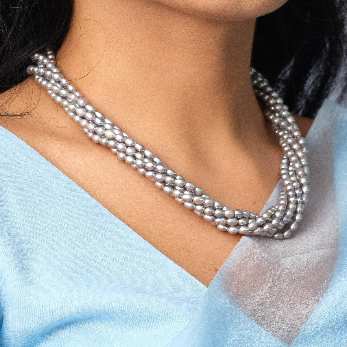 Freshwater Grey Lust Rice Ball 6-Line Twisted Pearl Necklace