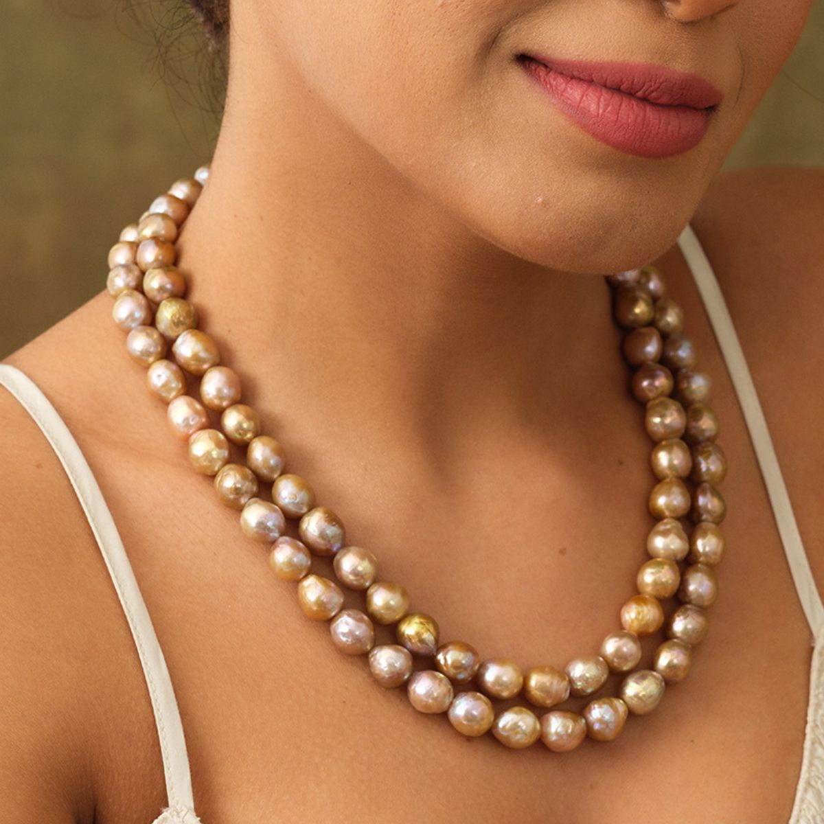 Freshwater Pink Semi-Baroque 2-line Pearl Necklace