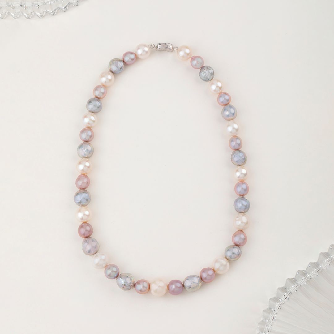 Freshwater Pearl Necklace in White, Gray, Pink